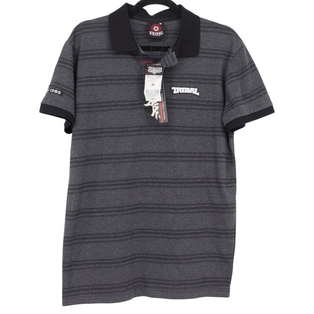 Tribal Gear Streetwear Polo Shirt Mens Medium Gray Black Diamond Striped NWT